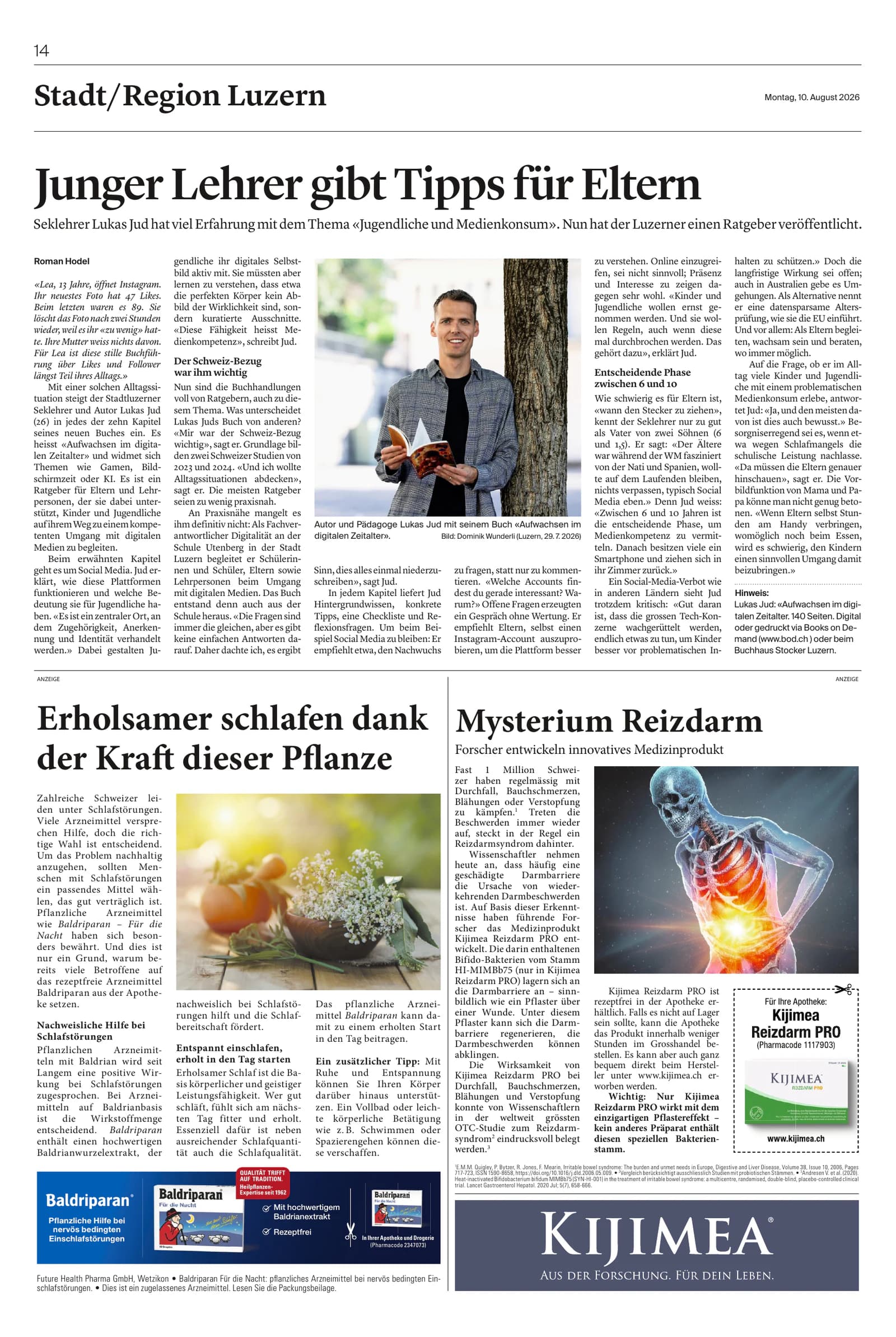 Vollständige Zeitungsseite mit dem Artikel Junger Lehrer gibt Tipps für Eltern